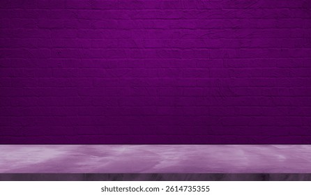 empty grey plaster concrete table top in foreground with purple plaster brick wall at background. counter bar foreground can be used for display or montage products in industrial mood and tone.