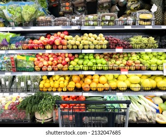 Empty Grocery Cart In An Empty Supermarket