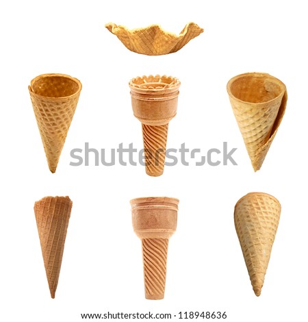 Empty group of different ice cream cones collection isolated on white background including clipping path