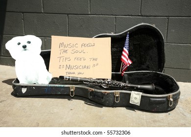 An Empty Guitar Case With A Sign And A Cardboard Cut Out Of A Bichon Frise Dog Asking For Tips To Play Music