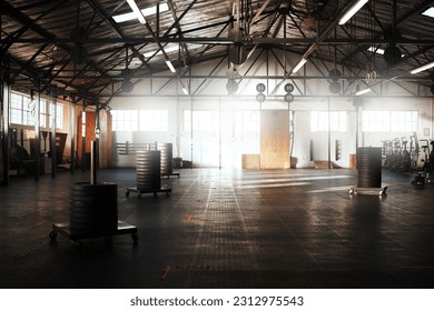 Empty gym, club or fitness space for training hall in open room or health studio for exercise or workout. Modern interior, background or facility building for sports equipment or healthy lifestyle - Powered by Shutterstock