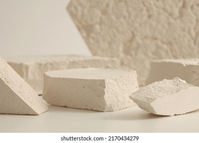 Empty Gypsum Stone Platform Eco Podium On Beige Copy Space Background. Minimal Still Life Display Product Presentation Scene.