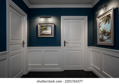 Empty Hallway With Elegant Wooden Moulding Panels On The Wall