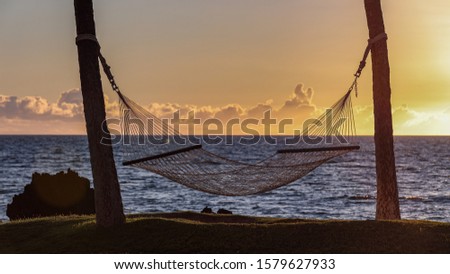 Empty hammock between two palm trees against scenic sunset over Pacific ocean. Calm ocean and clouds above the horizon, Big Island, Hawaii