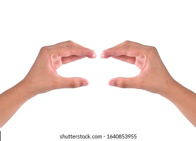 Empty Hand Showing Gesture Holding Burger, Sandwich Or Food Isolated On White Background With Clipping Path, 