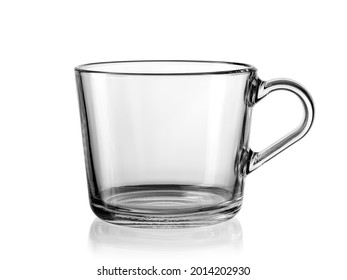 Empty handle glass tea cup on white background