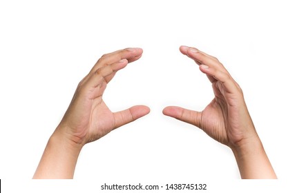Empty hands show gestures holding a burger, sandwich, or some food isolated on white background. - Shutterstock ID 1438745132