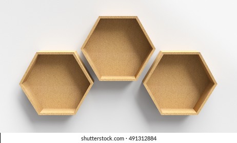 Empty hexagons wooden shelves on white wall background