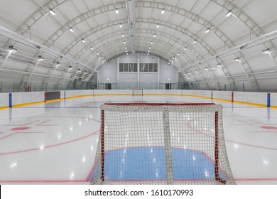 Empty Hockey Field, Arena With Ice And Markings And Gates