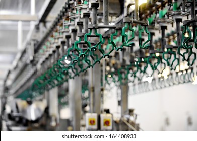 Empty Hooks In A Poultry Meat Processing Factory