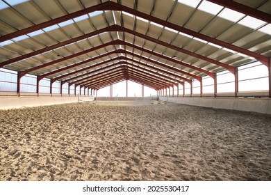 Empty Horse Riding Hall With Jump Fences.