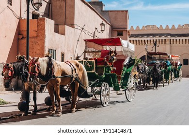 Empty Horse-Drawn Carriages in Line, Marrakesh, Morocco.