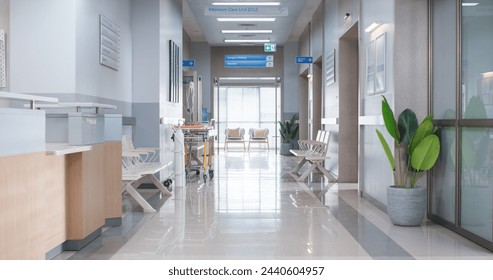 Empty Hospital Reception Hall During the Day. Modern Clinic with Advanced Equipment, Best Medical Health Treatment Center With Bright Sunny Window View - Powered by Shutterstock