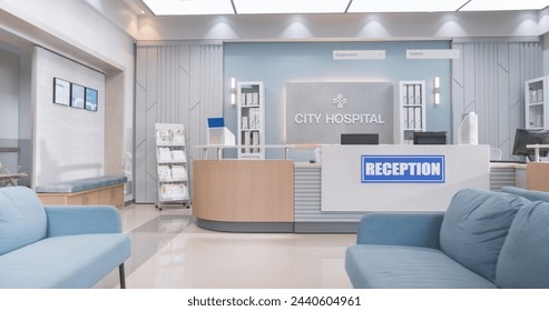 Empty Hospital Reception Hall During the Day. Modern Clinic with Advanced Equipment, Best Medical Health Treatment Center With Bright Sunny Window View - Powered by Shutterstock