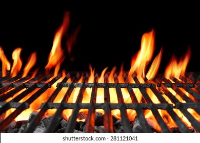 Empty Hot Charcoal Barbecue Grill With Bright Flame On The Black Background