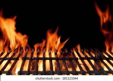Empty Hot Charcoal Barbecue Grill With Bright Flame On The Black Background