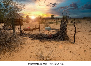 Empty House In An African Village At Sunset