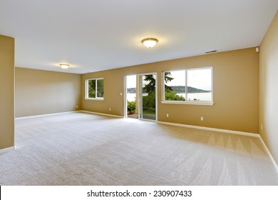 Empty House Interior. Spacious Family Room With Clean Carpet Floor And Exit To Walkout Patio