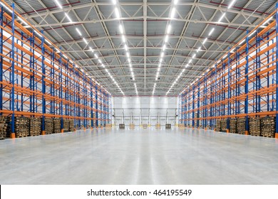 Empty huge distribution warehouse with high shelves and pallet
