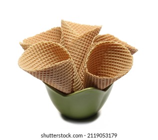 Empty Ice Cream Cones In Porcelain Bowl Isolated On White 