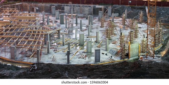 Empty Illuminated Construction Site At Night