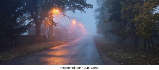 An empty illuminated country asphalt road through the trees and village in a fog on a rainy autumn day, street lanterns close-up, red light. Road trip, transportation, communications, driving