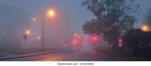 An Empty Illuminated Country Asphalt Road Through The Trees And A Small Town In A Fog On A Rainy Day, Street Lanterns Close-up, Red Light. Road Trip, Transportation, Communications, Driving