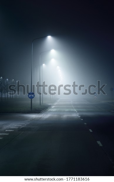 An empty illuminated
motorway in a fog at night. Road sign close-up. Dark urban scene,
cityscape. Riga, Latvia. Dangerous driving, speed, freedom, concept
image