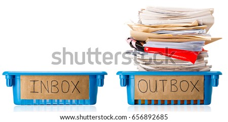 An empty Inbox Tray and a full Outbox tray, Up to Date, Current, On top of things, Productive, Isolated on white background