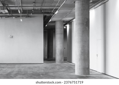 Empty industrial interior with concrete pillar and neon lights, abstract modern architecture background photo