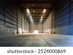 an empty industrial warehouse with large, clean windows, atmospheric light, white