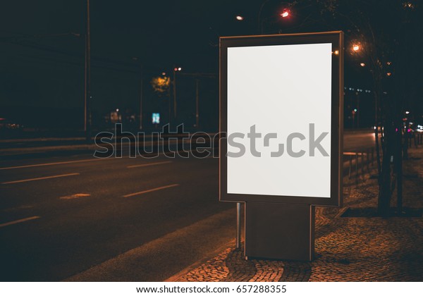 Empty information placeholder near night city\
highway, blank vertical poster on paving stone next to road, white\
mock-up of billboard with copy space place for text, your logo or\
advertising