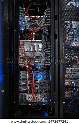 Empty, infrastructure and data center with cables in server room for hardware, configuration or software update. IT, hub and wiring for security patch, system recovery or optimize performance
