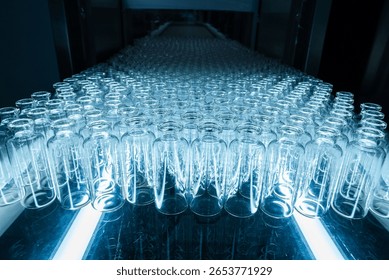 empty injection vials pharma grade injection glass vials to be filled with medical chemical drugs in an injection manufacturing line inside a healthcare pharma industry factory	
