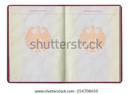 An empty inside page of a German passport, full open, blank for visa, isolated on white background, closeup