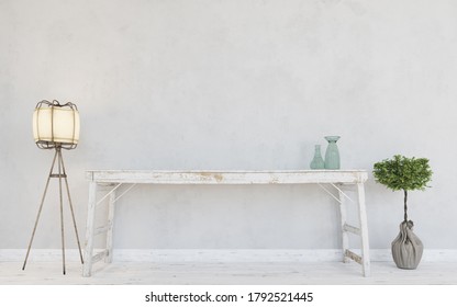 Empty interior background, with white wall, wooden desk and lamp. Wooden floor.