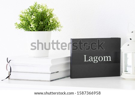 Empty interior black mock up with plant and books, with  Swedish word Lagom meaning 