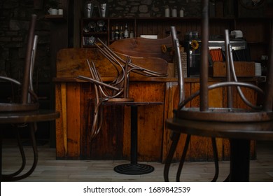 The empty interior of a closed vintage pub on the Royal Mile in Edinburgh during 2020's COVID-19 pandemic. - Shutterstock ID 1689842539