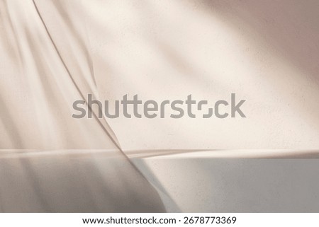 Empty interior room table for beauty and fashion brand display. Autumn background scene with curtains and shadow on the wall mockup. Home decor aesthetic.