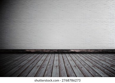 Empty interior is showing flat-design white brick wall and wooden plank floor with baseboard trim. Industrial, minimalist, rustic, interior design, architecture, texture, spatial