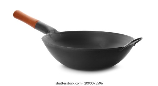 Empty Iron Wok Isolated On White. Chinese Cookware