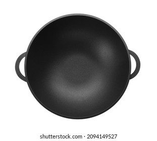 Empty Iron Wok Isolated On White, Top View. Chinese Cookware