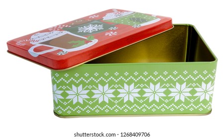 Empty Isolated Christmas Holiday Cookie Tin With Lid Askew.