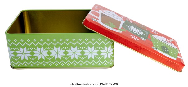 Empty Isolated Christmas Holiday Cookie Tin With Lid Askew.