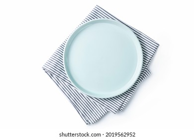 Empty Isolated Green Plate With Strip Napkin On White Bakground. Food Background For Menu, Recipe In Modern Design. Table Setting. Flatlay, Top View. Mockup For Restaurant Dish