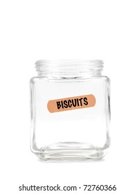 An Empty Jar With A Biscuit Label Isolated Against A White Background