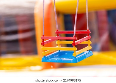 Empty Kids Swing In Public Park. Horizontal Kid Game Theme Poster, Greeting Cards, Headers, Website And App
