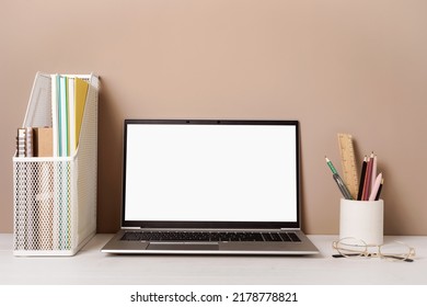 Empty Laptop Screen, Desktop Organizer With Desk Lamp And Office Supplies. Back To School, Home Office, Begining Of Studies Concept. Mockup, Template