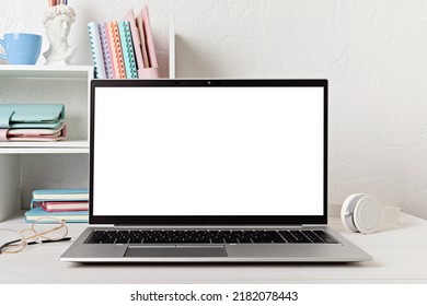 Empty Laptop Screen, Desktop Organizer With Desk Shelves And Office Supplies. Back To School, Home Office, Begining Of Studies Concept. Mockup, Template