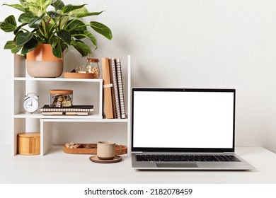 Empty Laptop Screen, Desktop Organizer With Desk Shelves And Office Supplies. Back To School, Home Office, Begining Of Studies Concept. Mockup, Template